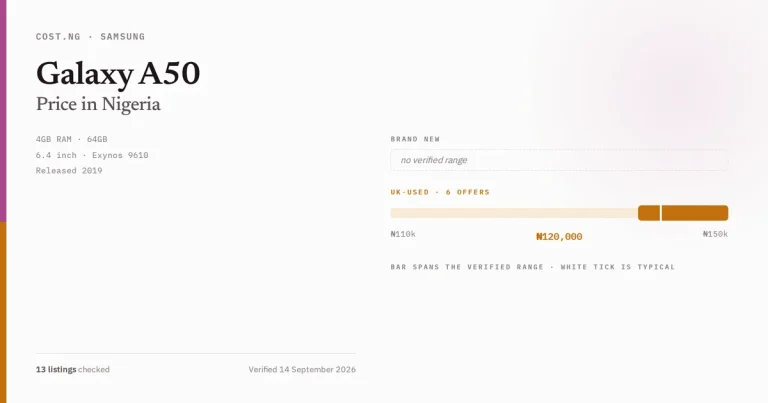 Samsung Galaxy A50 price in Nigeria 2026, typical brand new and UK-used asking prices verified by Cost.ng