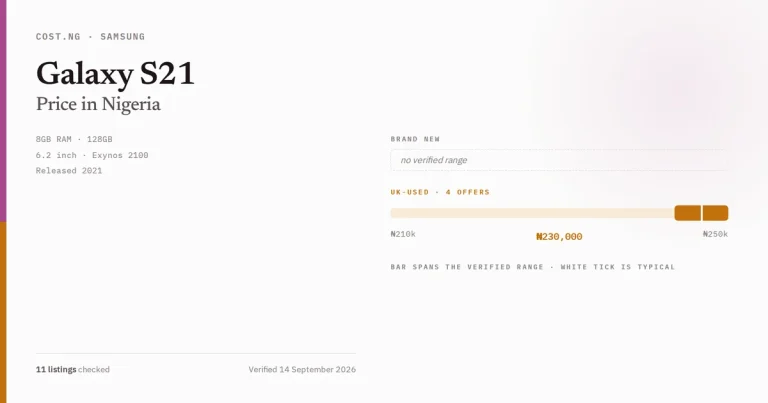 Samsung Galaxy S21 price in Nigeria 2026, typical brand new and UK-used asking prices verified by Cost.ng