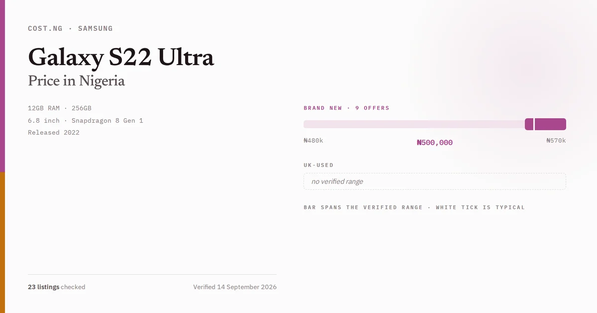Samsung Galaxy S22 Ultra price in Nigeria 2026, typical brand new and UK-used asking prices verified by Cost.ng