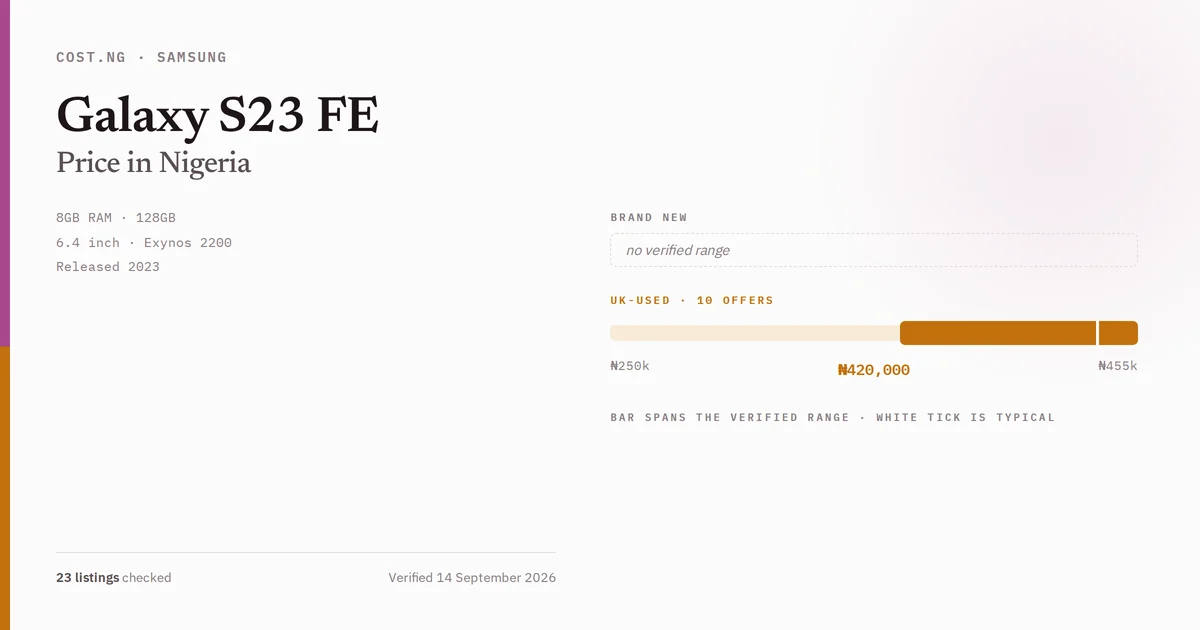 Samsung Galaxy S23 FE price in Nigeria 2026, typical brand new and UK-used asking prices verified by Cost.ng