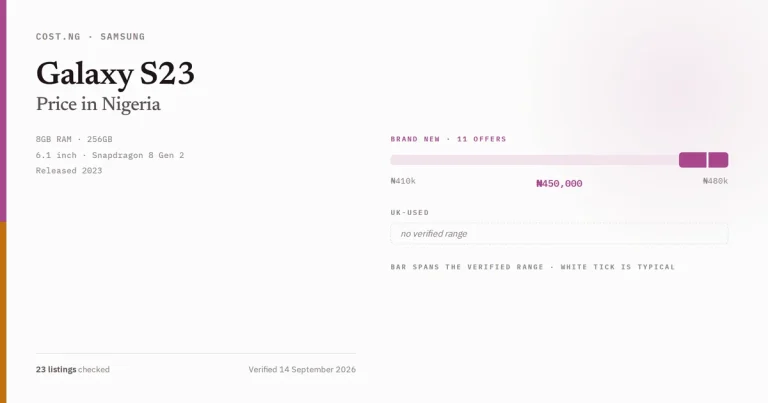 Samsung Galaxy S23 price in Nigeria 2026, typical brand new and UK-used asking prices verified by Cost.ng
