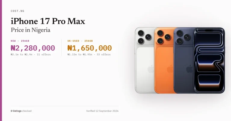 iPhone 17 Pro Max price in Nigeria 2026, typical brand new and UK-used asking prices verified by Cost.ng