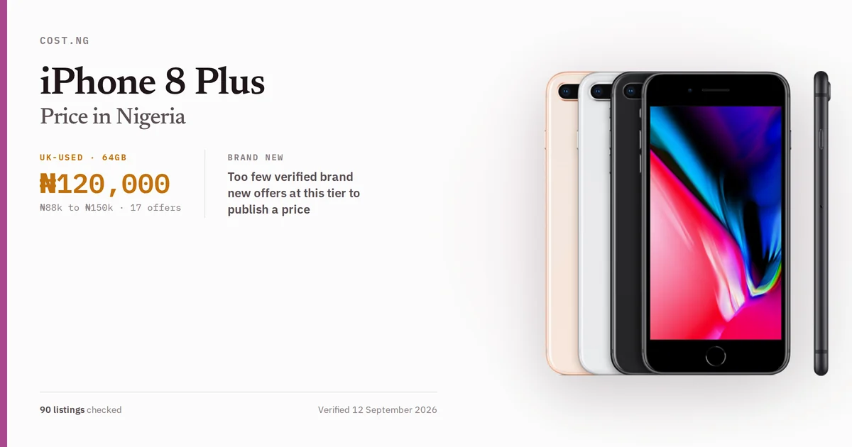 iPhone 8 Plus price in Nigeria 2026, typical brand new and UK-used asking prices verified by Cost.ng
